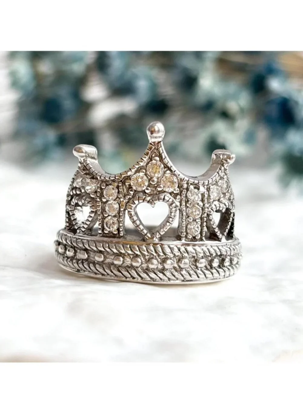 Crown Shaped Milgrain CZ Stone Beaded Sterling Silver 925 Vintage Ring - sz 6